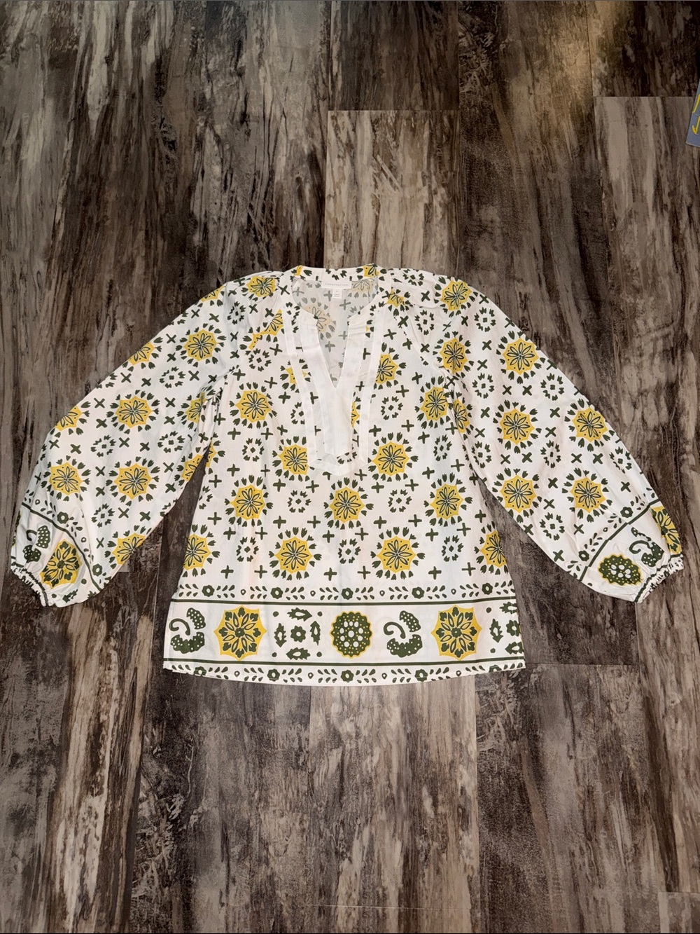 Charter Club PP Floral Boho Blouse Shirt Cotton white yellow flowers Olive green